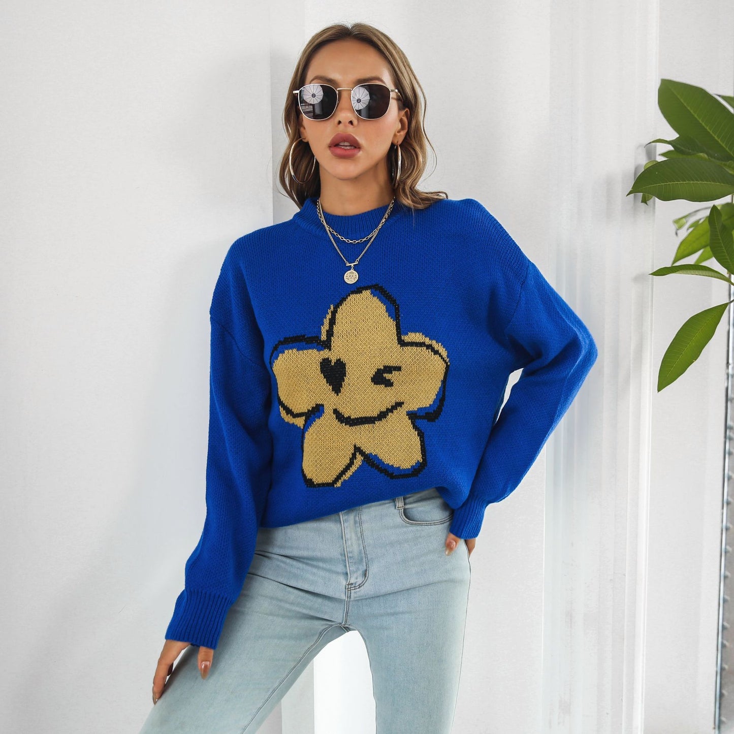 Cute Smiley Flower Oversized Crew Neck Knit Sweater
