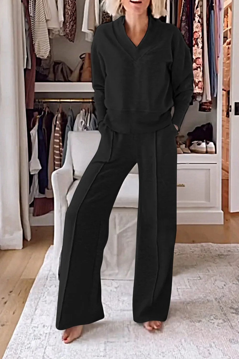 Women Lounge Set V Neck Wide Leg Pants Two Piece