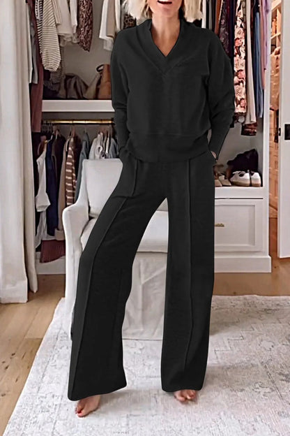 Women Lounge Set V Neck Wide Leg Pants Two Piece