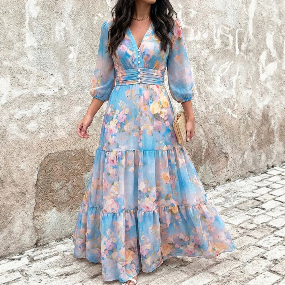 Floral Chiffon Maxi Dress V-Neck 3/4 Sleeve Smocked Tiered