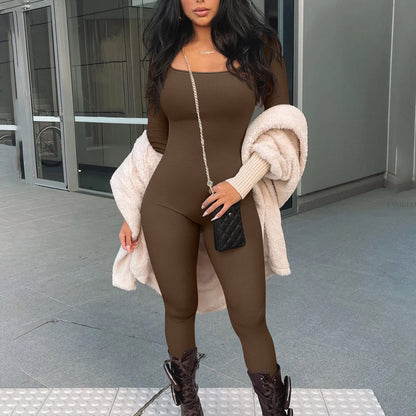 Womens Ribbed Square Neck Bodycon Long Sleeve Jumpsuit