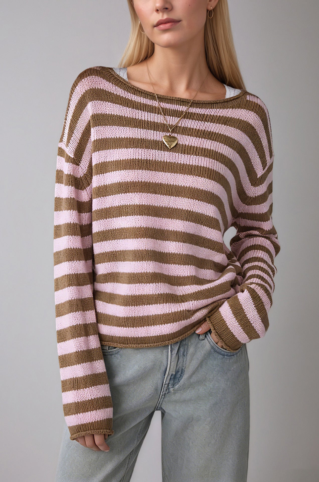 Striped Knit Oversized Crew Neck Sweater Pullover