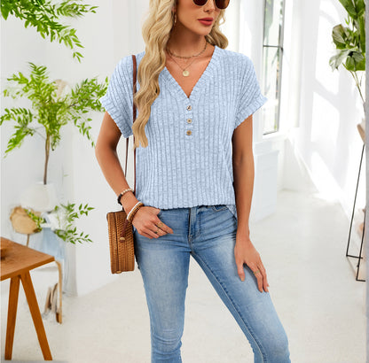 Ribbed Button V-Neck Top – Relaxed Fit Casual Summer Tee