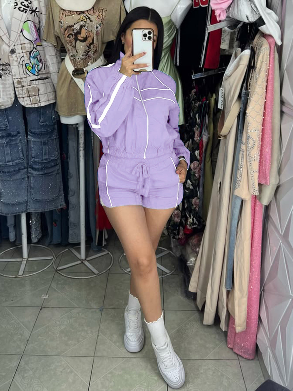 Women's Zip Jacket Shorts Two Piece Set Contrast Piping