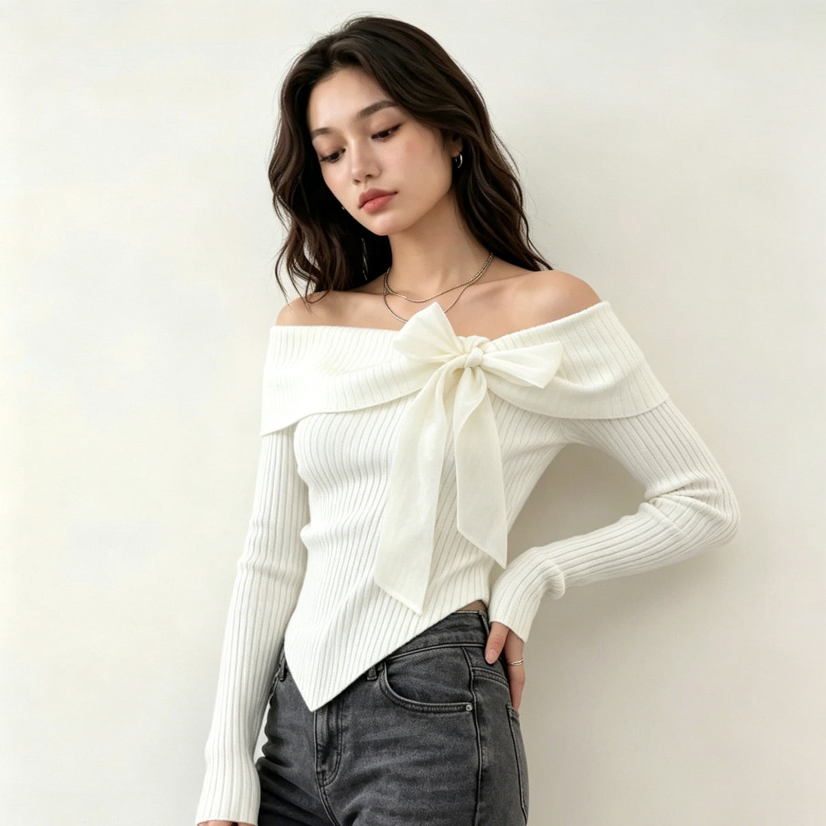 Coquette Off Shoulder Ribbed Bow Knit Top