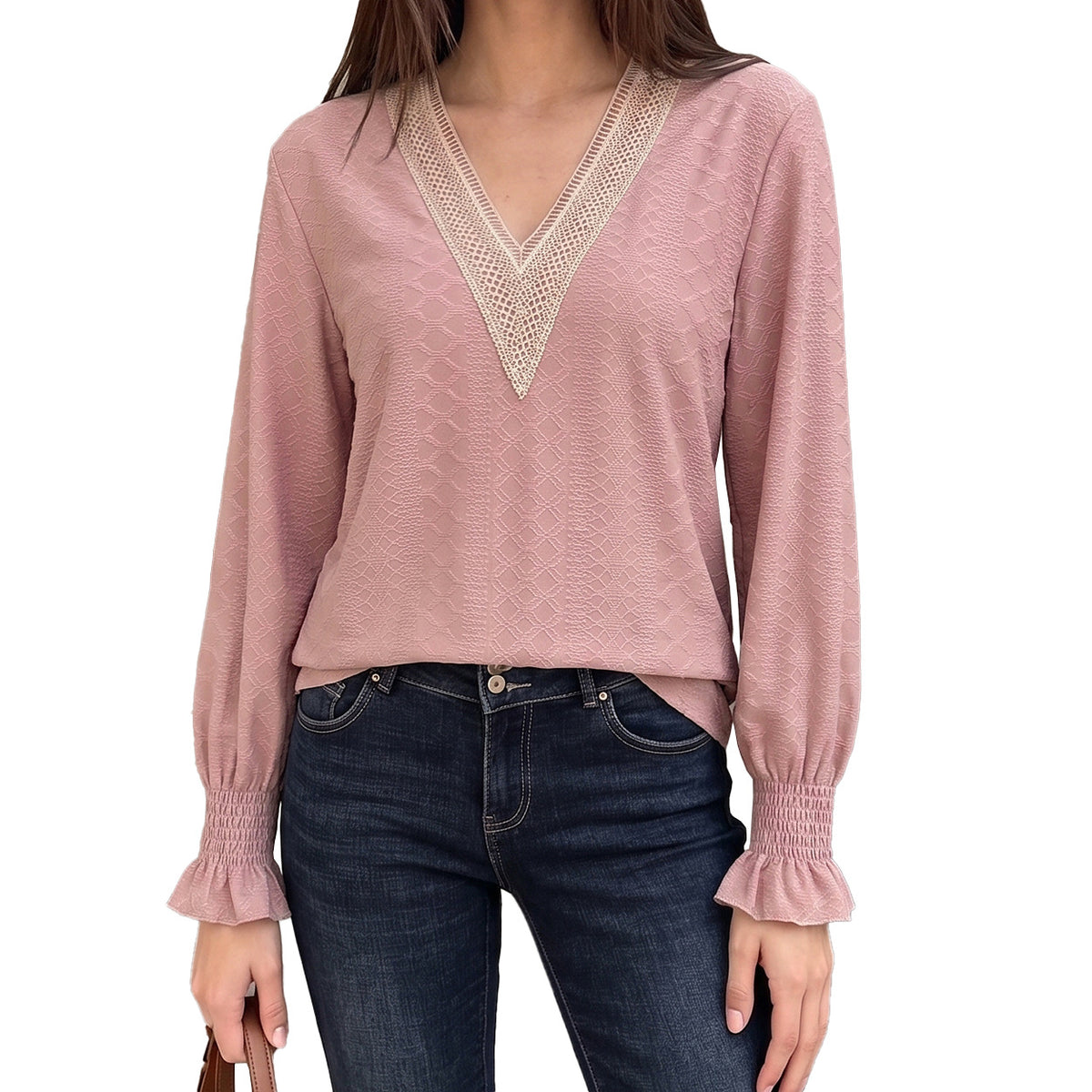 Women's V-Neck Lace Trim Blouse Long Sleeve Smocked Cuffs