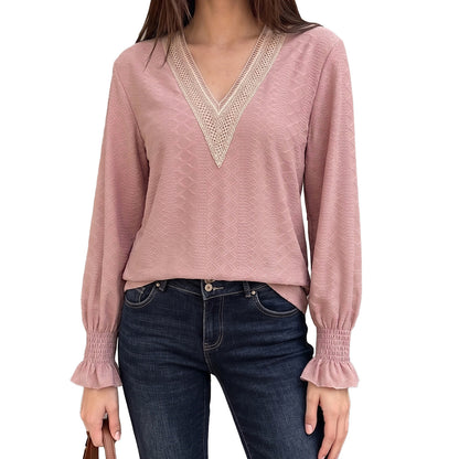 Women's V-Neck Lace Trim Blouse Long Sleeve Smocked Cuffs