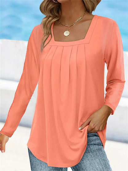 Women's Square Neck Pleated Long Sleeve Tunic Top