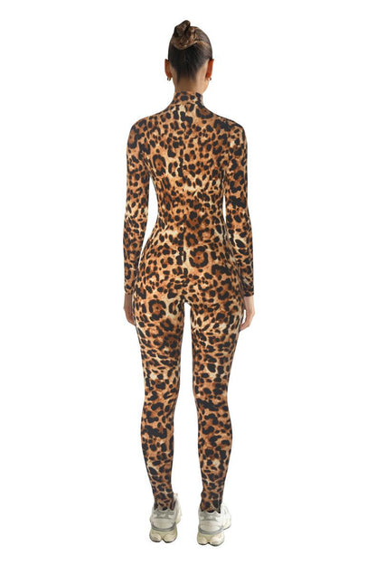 Women's Leopard Print Zip Up Long Sleeve Bodycon Jumpsuit