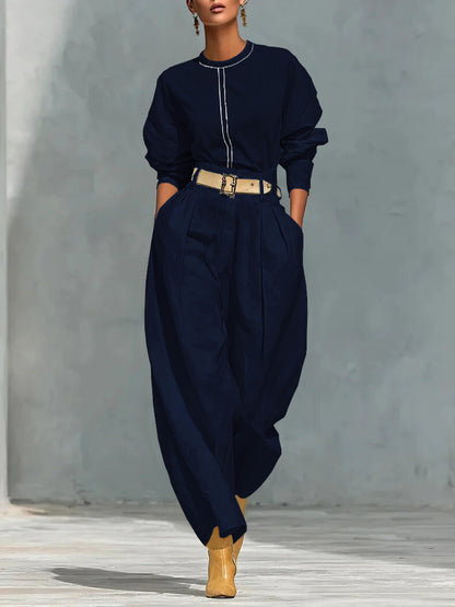 Women's Two Piece Belted Top & Wide Leg Pants Set