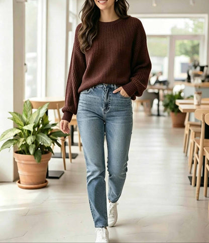 Women's Oversized Ribbed Crew Neck Pullover Sweater