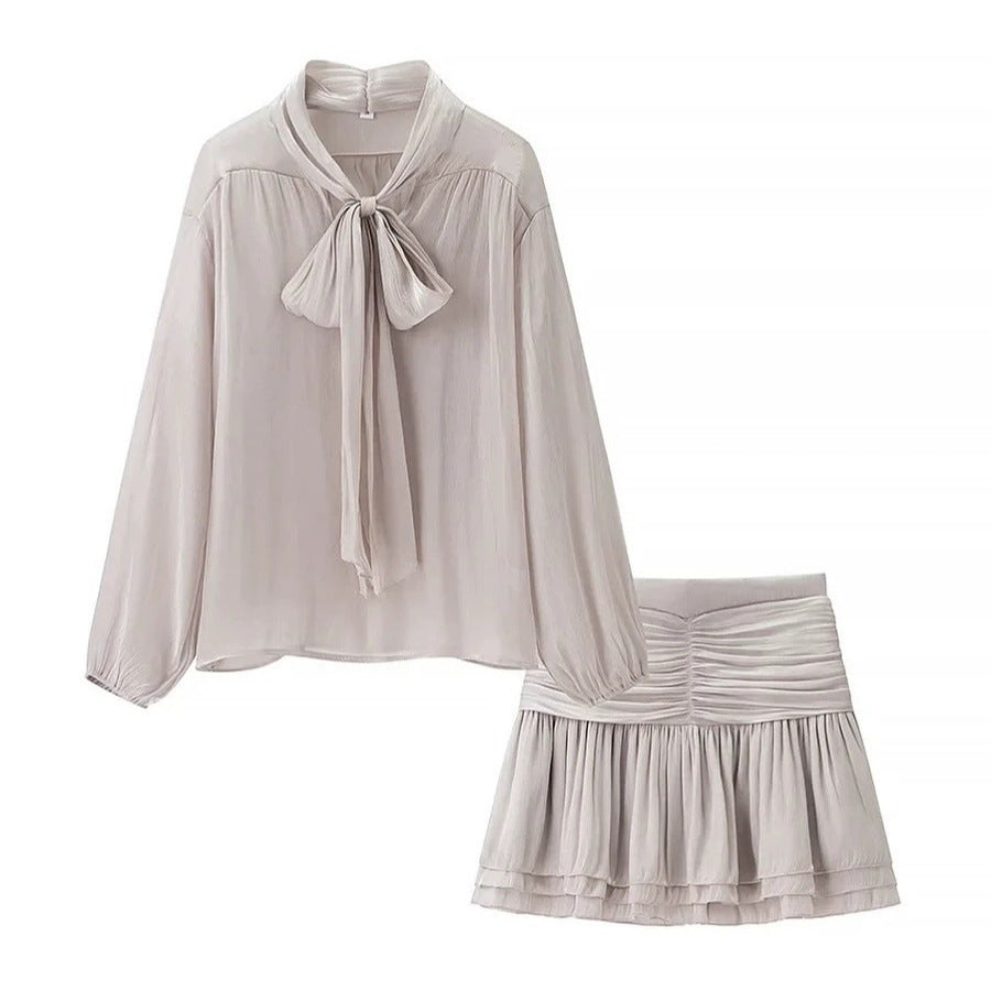 Sheer Shimmer Bow Blouse & Mini Skirt Two Piece Set