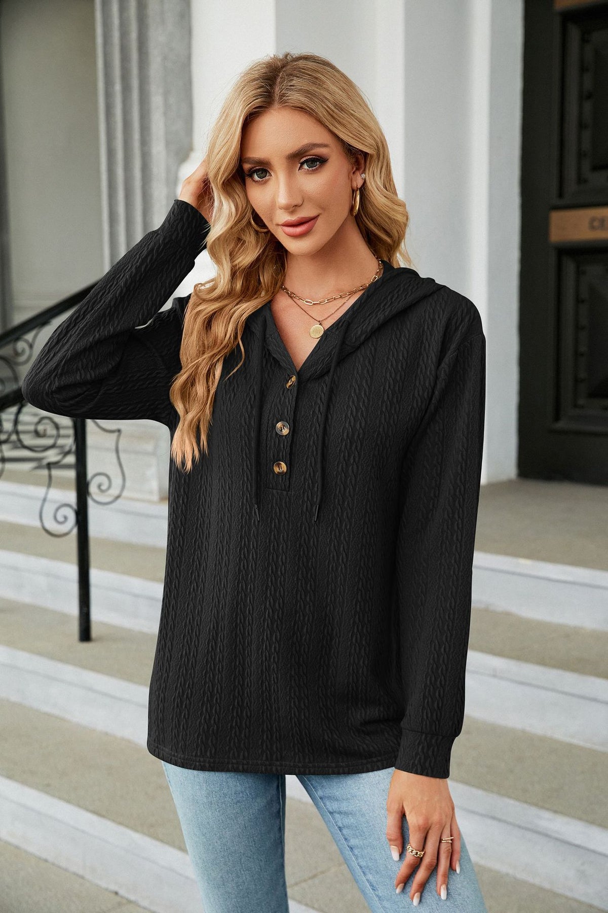 Women's Oversized V-Neck Button Hoodie Long Sleeve Top