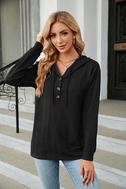 Women's Oversized V-Neck Button Hoodie Long Sleeve Top