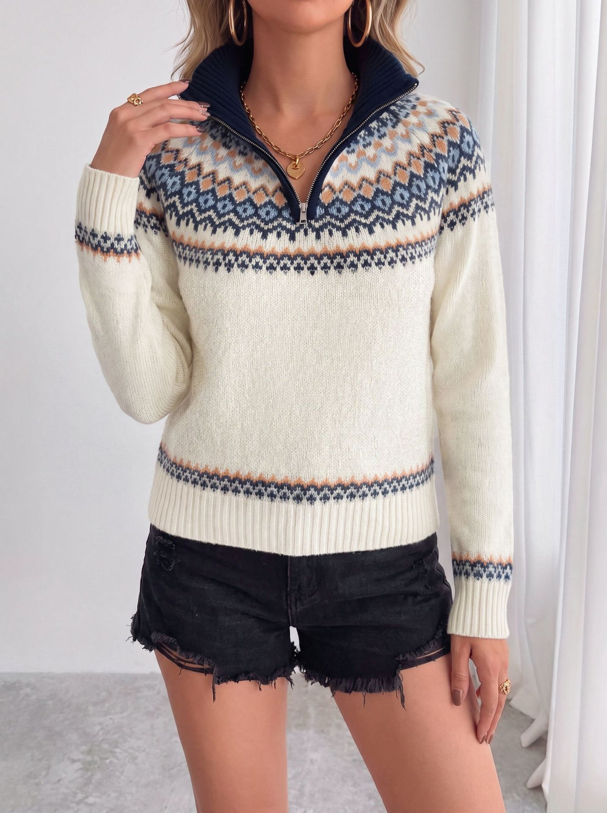 Women's Oversized Fair Isle Zip Turtleneck Sweater