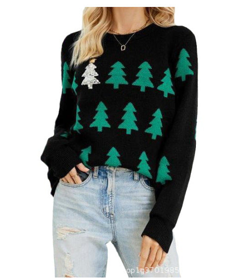 Women's Sequin Christmas Tree Crew Neck Knit Sweater