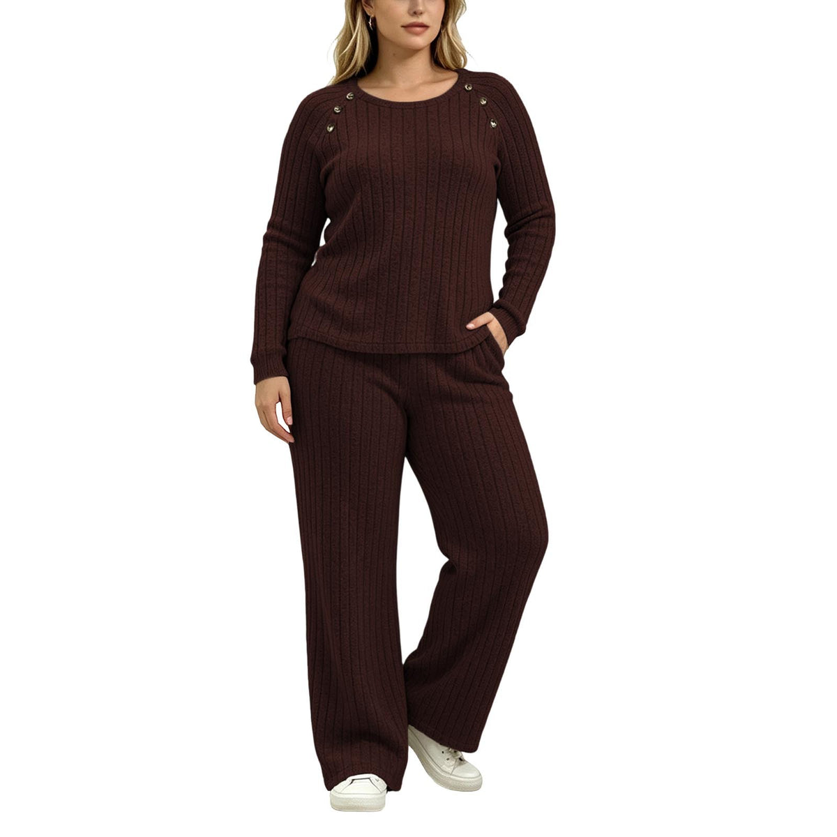 Womens Ribbed Knit 2 Piece Set Button Top Wide Leg Pants