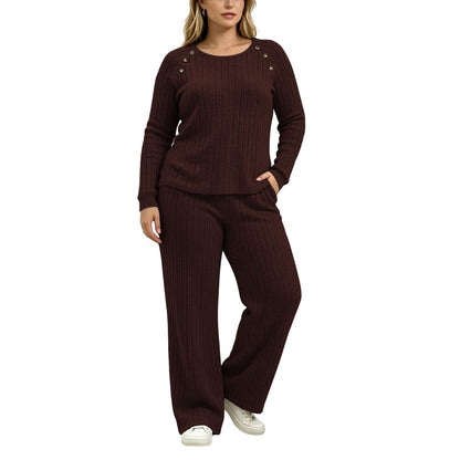Womens Ribbed Knit 2 Piece Set Button Top Wide Leg Pants