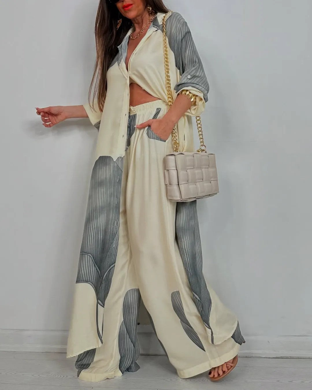Color Block Shirt Wide Leg Pants Two Piece Set
