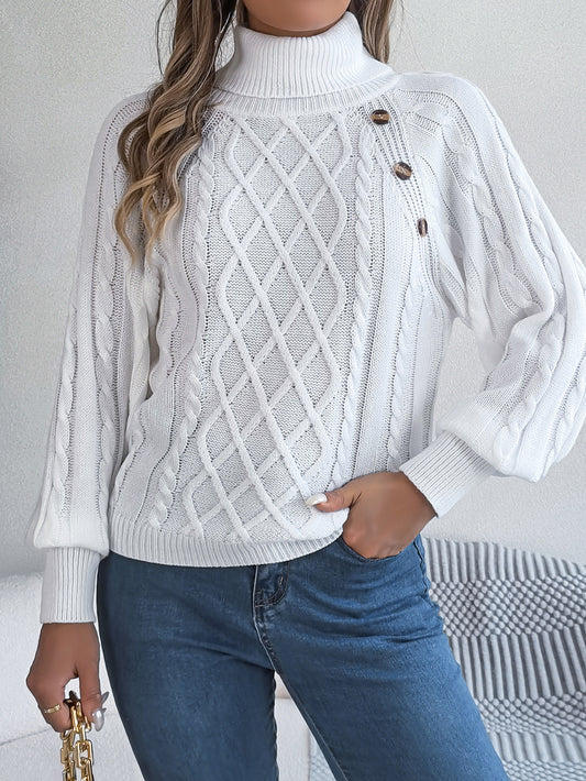2025 Fall Winter Buttoned Cable Knit Turtleneck Sweater