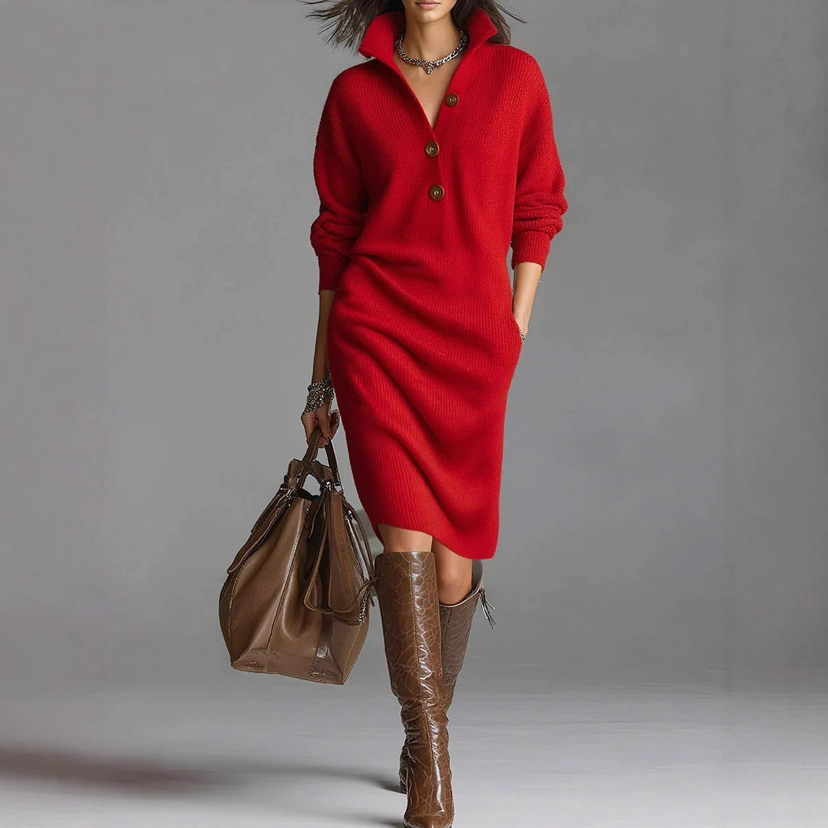 Women's Collared Button Front Knit Midi Sweater Dress