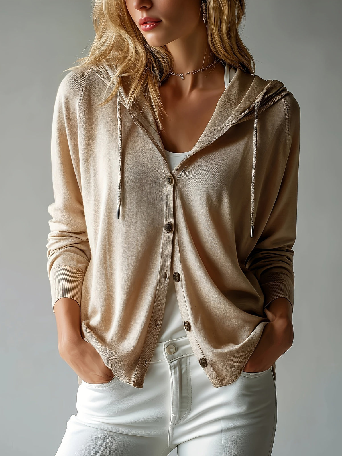 Women's Lightweight Hooded Knit Cardigan Button Front