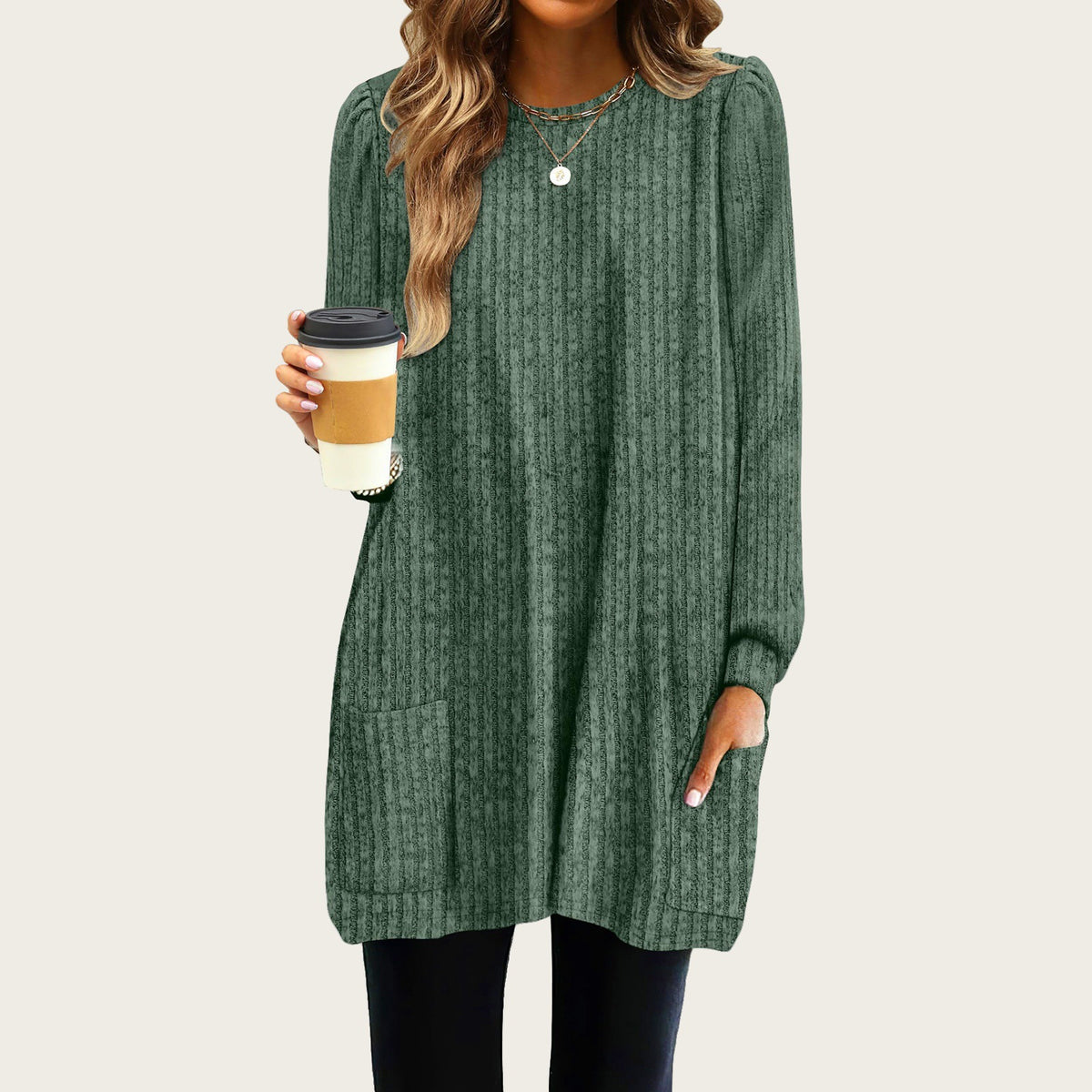 Women's Oversized Long Bubble Sleeve Tunic Top with Pockets