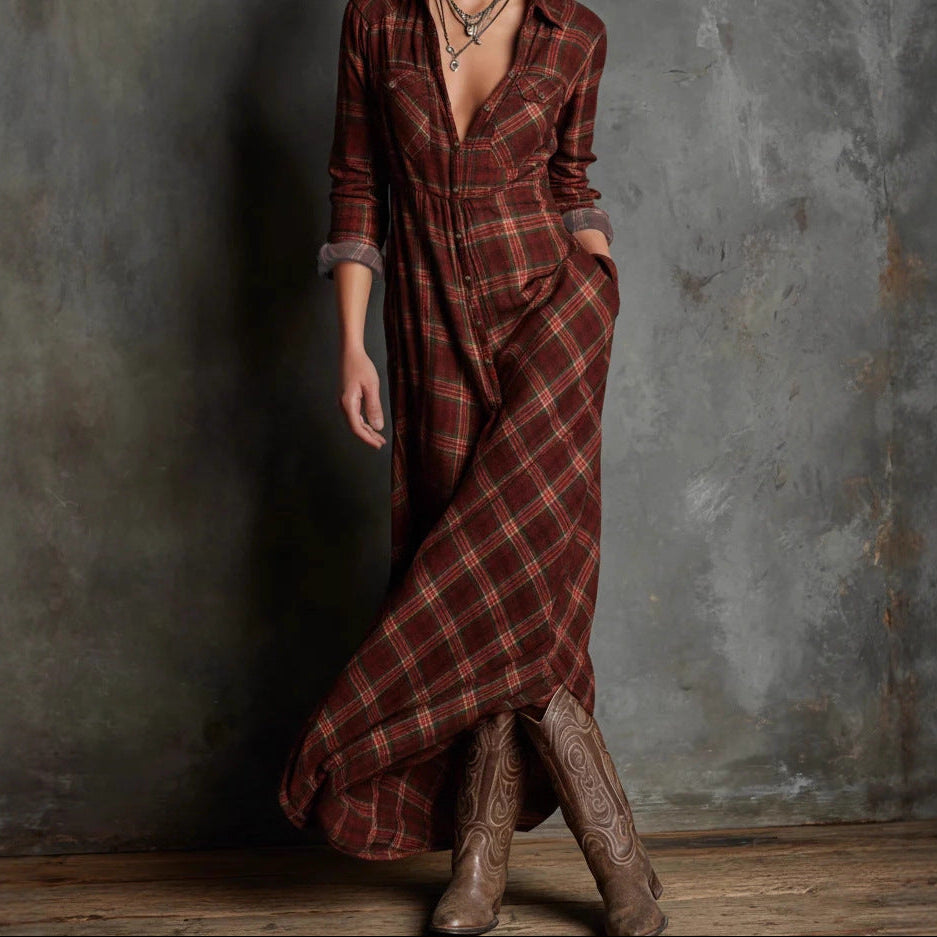 Plaid Shirt Dress Long Sleeve Maxi Casual with Pockets