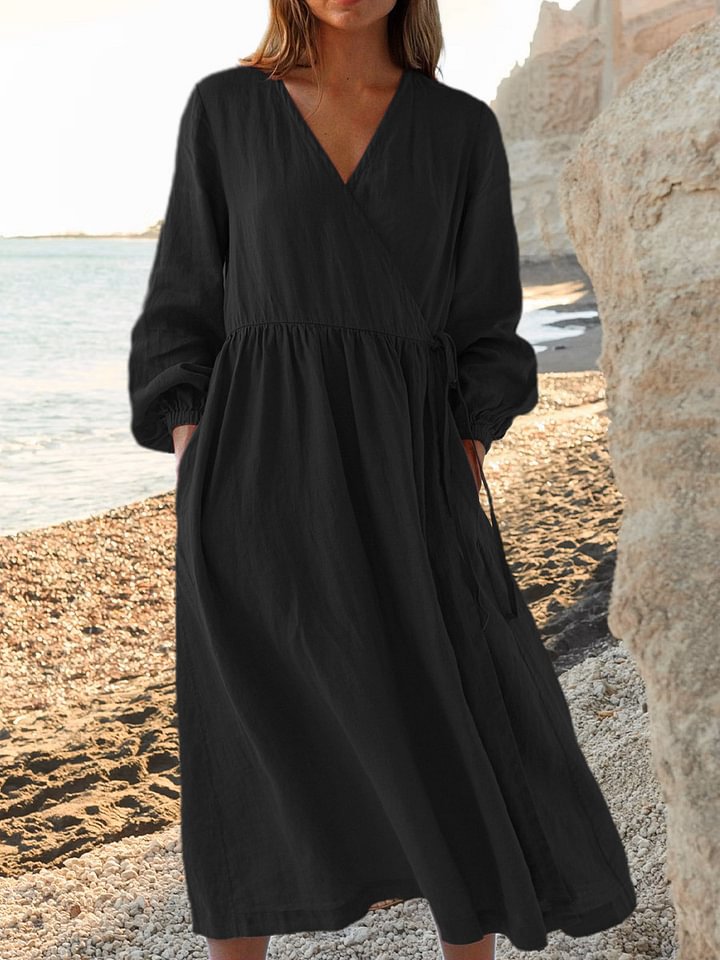 Women's Linen V Neck Long Sleeve Maxi Dress Casual Summer