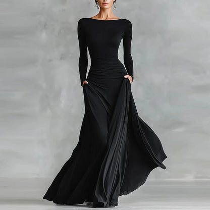 Elegant Boat Neck Long Sleeve Ruched Maxi Dress