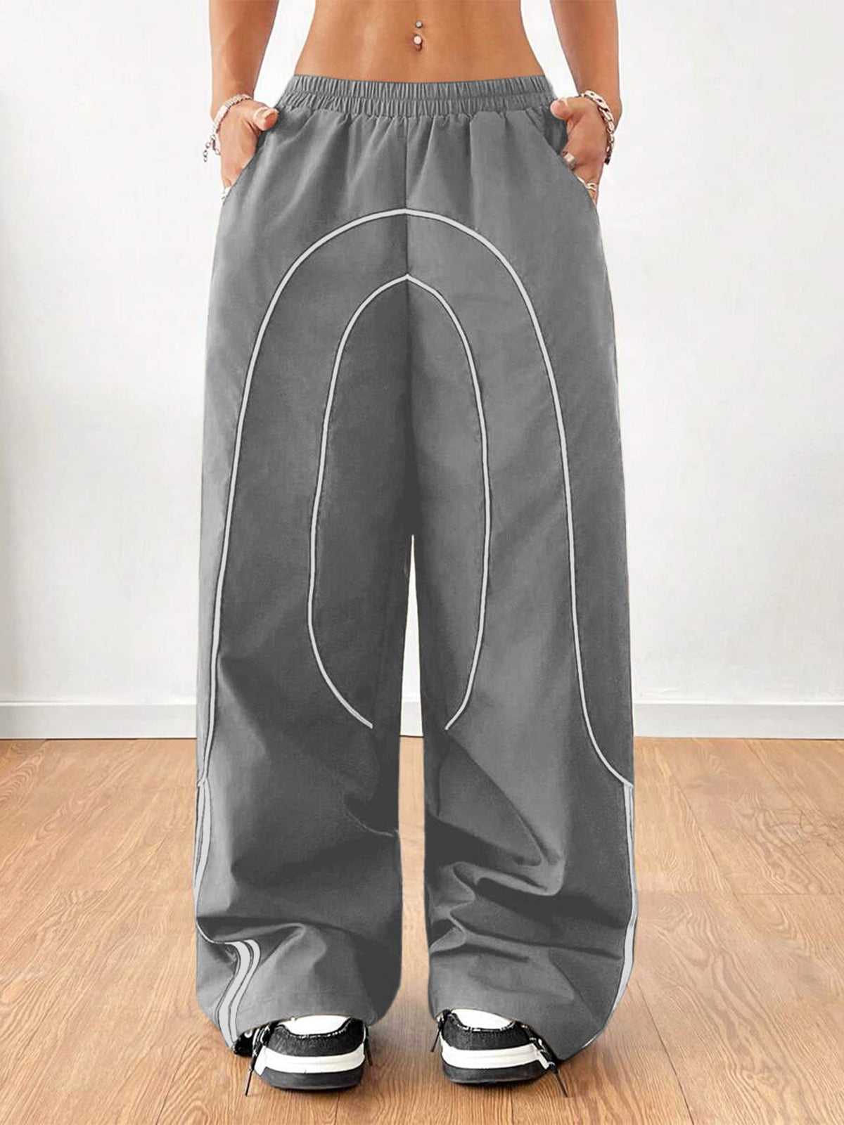 Women Baggy Wide Leg Pants Contrast Trim Low Rise Y2K