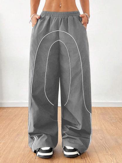 Women Baggy Wide Leg Pants Contrast Trim Low Rise Y2K