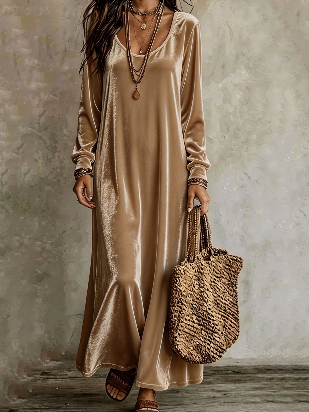 Velvet Maxi Dress Long Sleeve Vintage Boho Casual