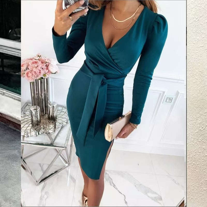 Sexy V Neck Long Sleeve Tie Waist Midi Dress