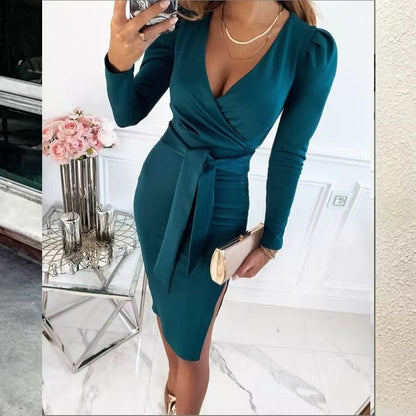 Sexy V Neck Long Sleeve Tie Waist Midi Dress