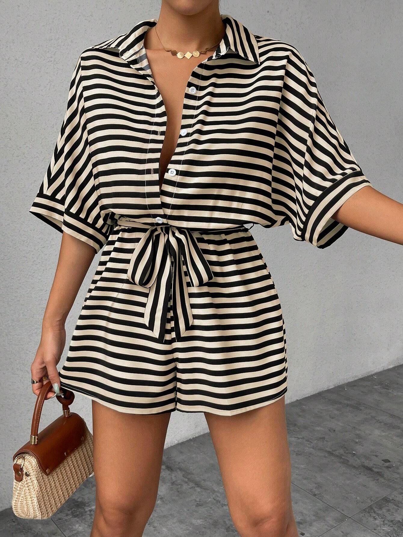 Striped Belted Button Down Romper with Half Sleeves