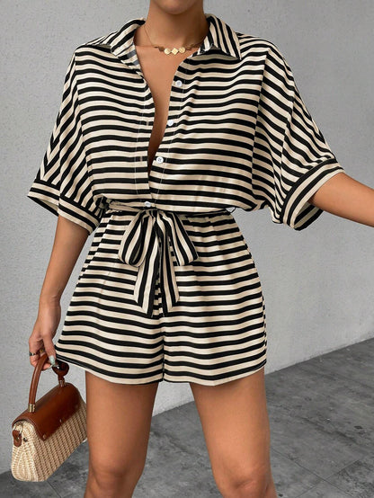 Striped Belted Button Down Romper with Half Sleeves