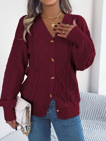 Fall Winter Cable Knit V Neck Lantern Sleeve Cardigan