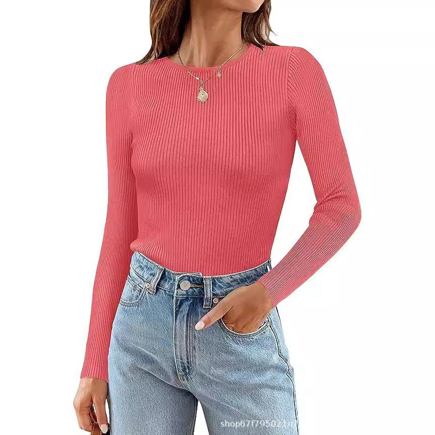 Women's Basic Ribbed Crew Neck Long Sleeve Knit Top