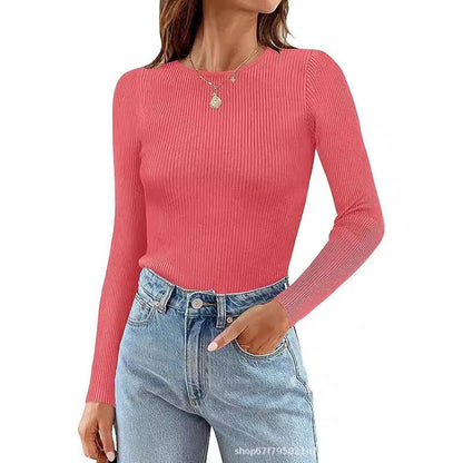 Women's Basic Ribbed Crew Neck Long Sleeve Knit Top