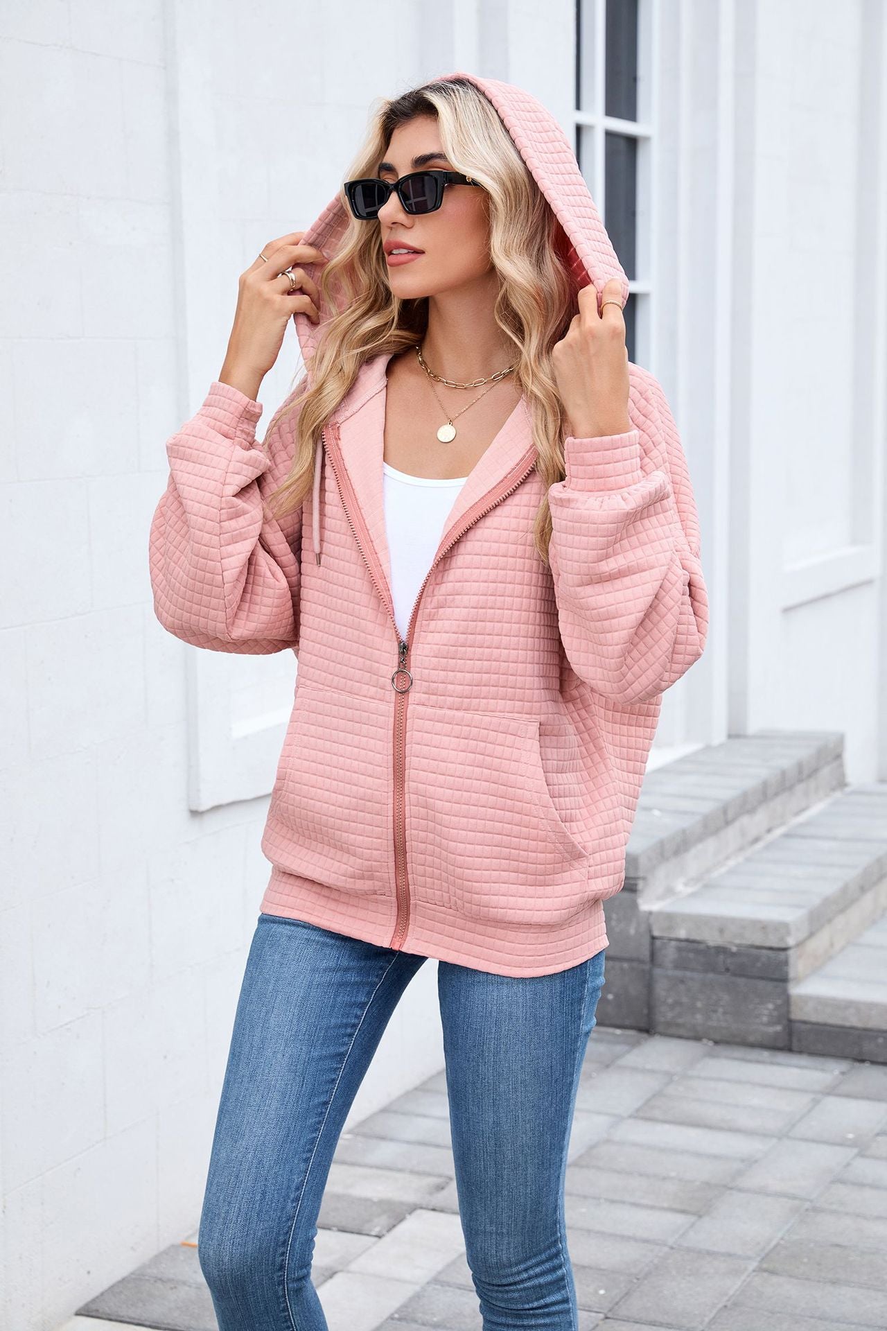 Quilted Zip Up Hooded Jacket Hoodie with Pockets