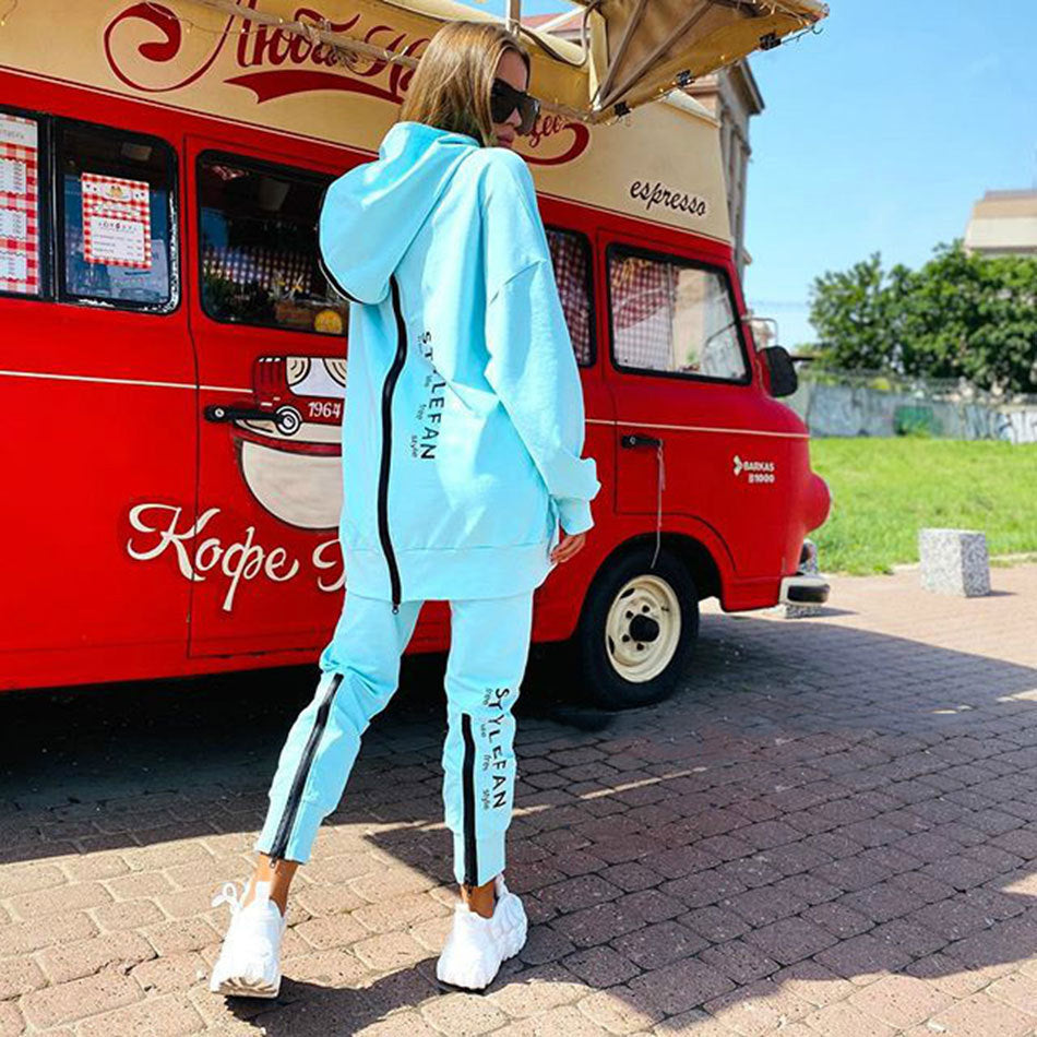 Women's Oversized Letter Print Zip Hoodie Jogger Set