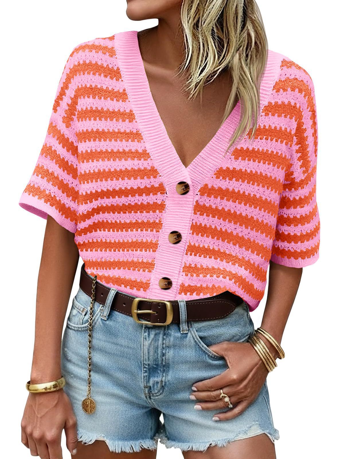 Striped Crochet Cardigan V Neck Button Knit Top