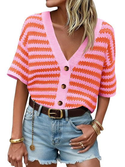 Striped Crochet Cardigan V Neck Button Knit Top