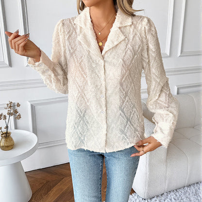 Textured Jacquard Button Down Blouse Elegant Work Shirt