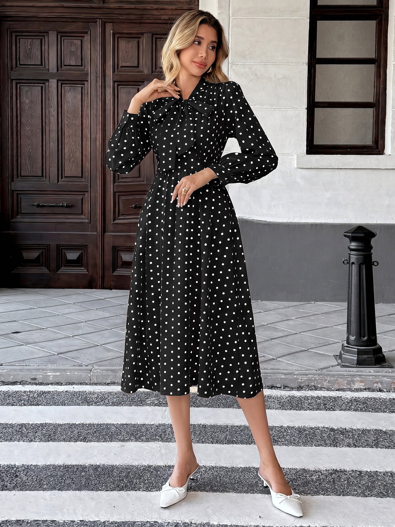 Polka Dot Bow Tie Long Sleeve A-Line Midi Dress