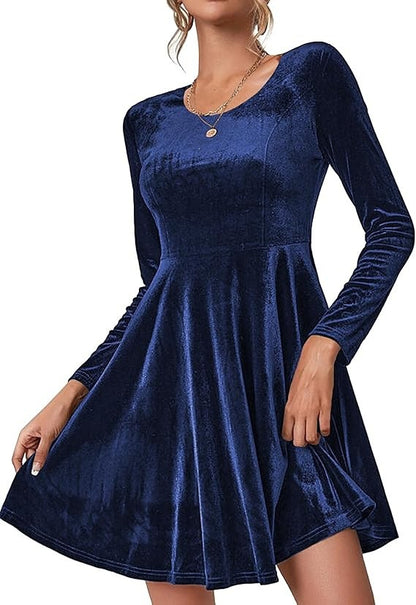 Women's Velvet Fit and Flare Long Sleeve Mini Dress