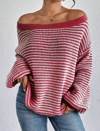 Women's Off Shoulder Striped Balloon Sleeve Sweater