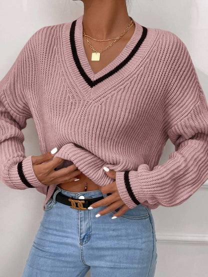 Women's Oversized V-Neck Chunky Knit Sweater Color Block