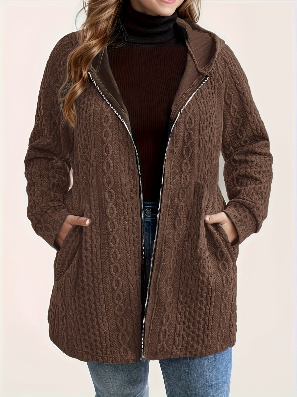 Plus Size Hooded Cable Knit Zip Jacket Pockets